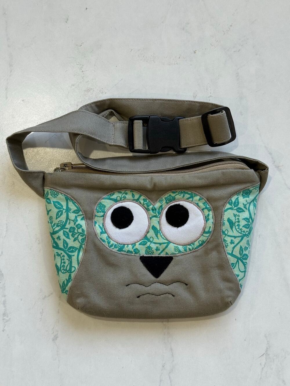 Handmade Owl Fanny Pack Belt Bag Gray Teal Floral Adjustable Waist Hip Bag